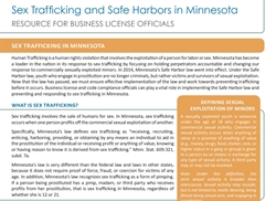 [ai] Informative document titled 'Sex Trafficking and Safe Harbors in Minnesota' aimed at business license officials. It explains sex trafficking, legal definitions, and the Safe Harbor law protecting youth in prostitution.